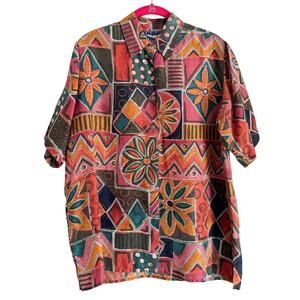 Vintage 100% Silk Patchwork Button Up Shirt Wearable Art Artsy Geometric Hippie